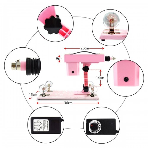 pink automatisk sex maskine med forskellige størrelser af dildo
