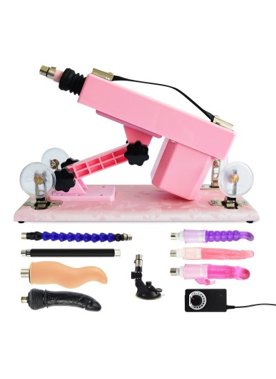pink automatisk sex maskine med forskellige størrelser af dildo